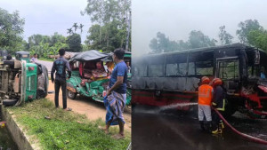 সড়ক দুর্ঘটনায় বাবা-ছেলের মৃত্যু, বিক্ষোভে বাসে আগুন  