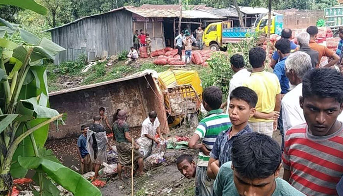 পেঁয়াজভর্তি ট্রাক উল্টে পড়লো ডোবায়